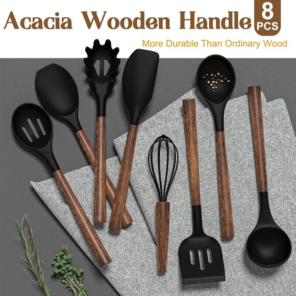 8-Piece Kitchen Set with Natural Acacia Wooden Handles,Food-Grade Silicone - Picture 10 of 16
